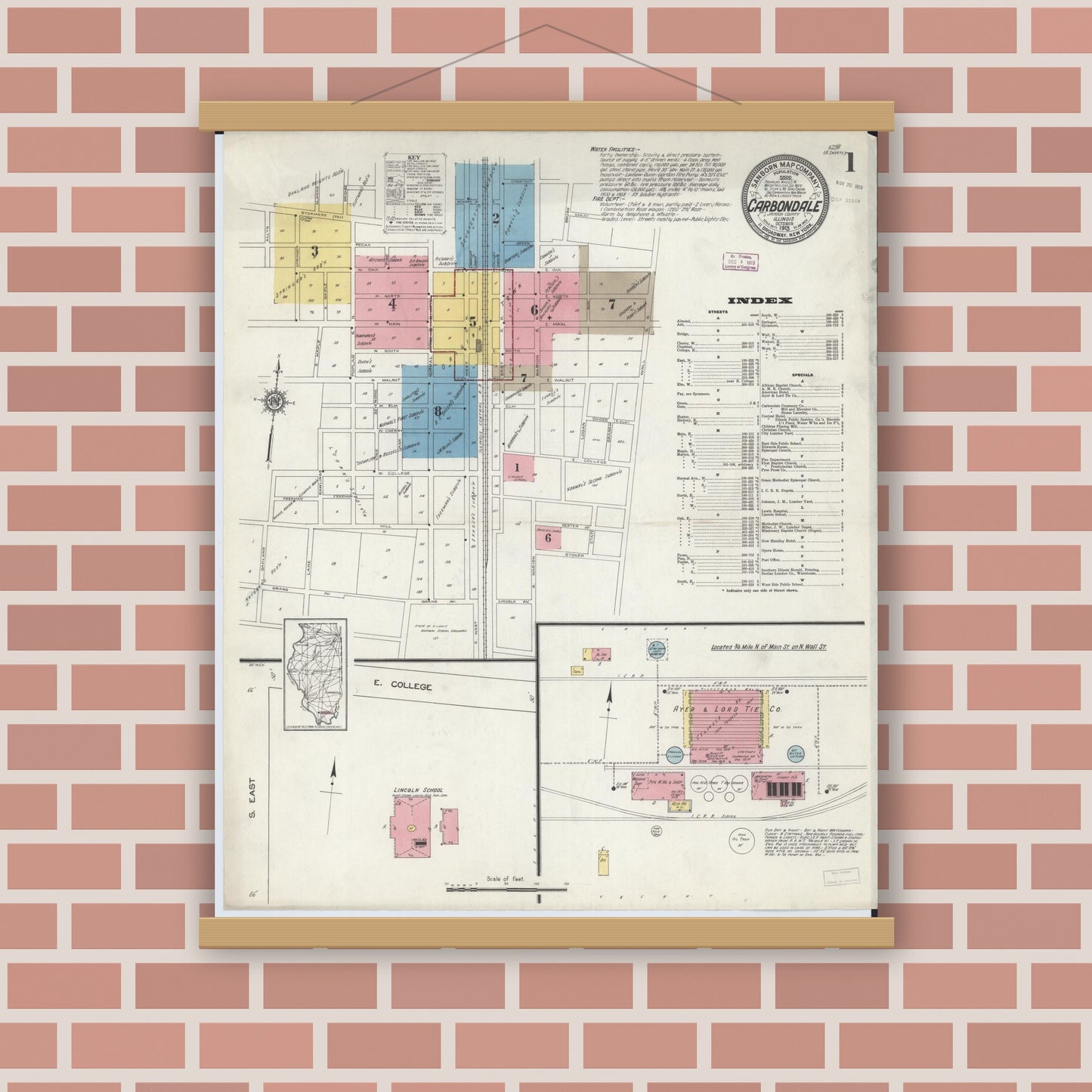 Old map wall art mockup — magnetic wood frame on brick wall — Sanborn Fire Insurance Map from Carbondale, Jackson County, Illinois (1913), Sheet #0001