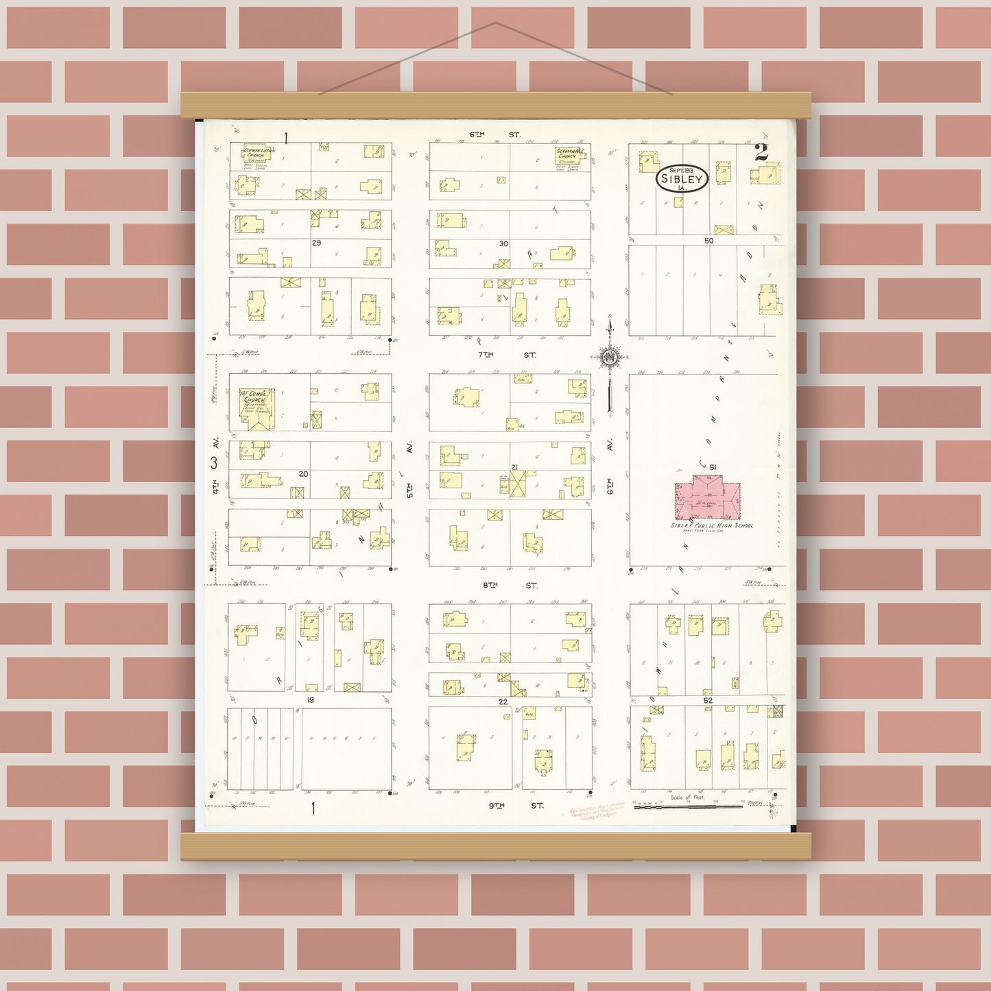 Old map wall art mockup — magnetic wood frame on brick wall — Sanborn Fire Insurance Map from Sibley, Osceola County, Iowa (1913), Sheet #0002