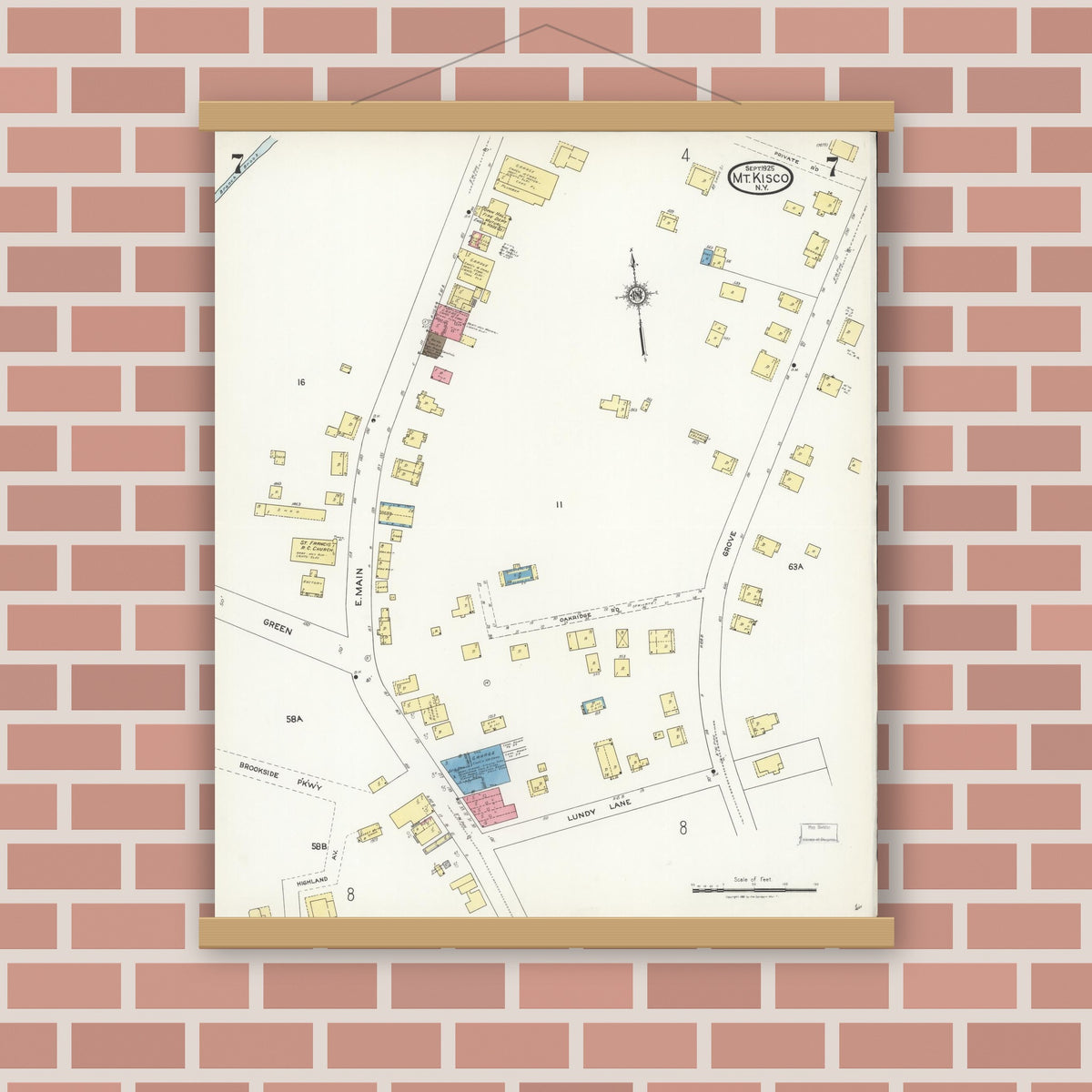 Old map wall art mockup — magnetic wood frame on brick wall — Sanborn Fire Insurance Map from Mount Kisco, Westchester County, New York (1925), Sheet #0007