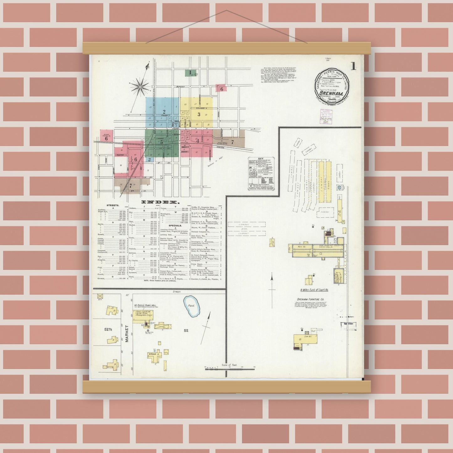 Old map wall art mockup — magnetic wood frame on brick wall — Sanborn Fire Insurance Map from Brenham, Washington County, Texas (1901), Sheet #0001