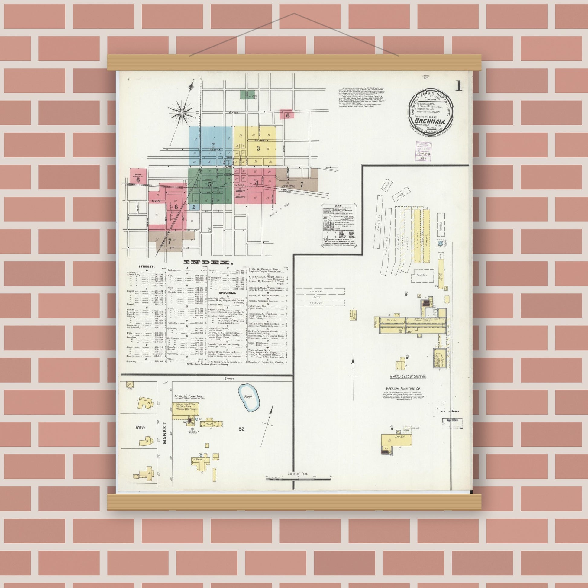 Old map wall art mockup — magnetic wood frame on brick wall — Sanborn Fire Insurance Map from Brenham, Washington County, Texas (1901), Sheet #0001