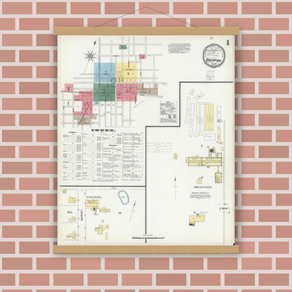 Old map wall art mockup — magnetic wood frame on brick wall — Sanborn Fire Insurance Map from Brenham, Washington County, Texas (1901), Sheet #0001