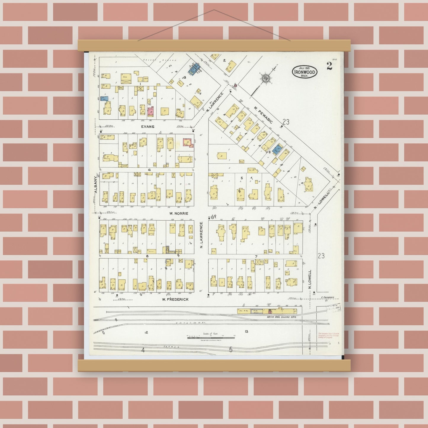 Old map wall art mockup — magnetic wood frame on brick wall — Sanborn Fire Insurance Map from Ironwood, Gogebic County, Michigan (1921), Sheet #0002