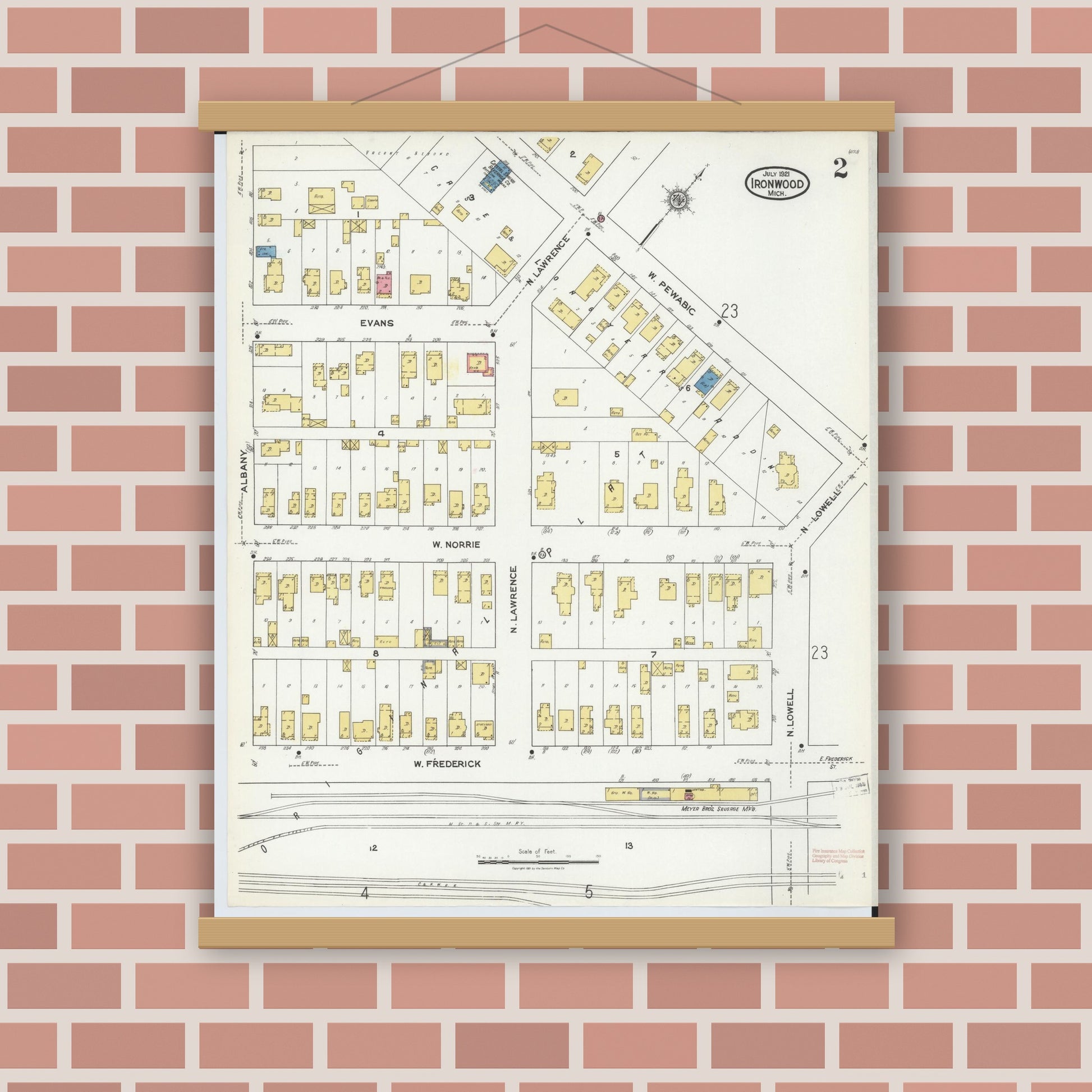 Old map wall art mockup — magnetic wood frame on brick wall — Sanborn Fire Insurance Map from Ironwood, Gogebic County, Michigan (1921), Sheet #0002