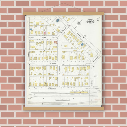 Old map wall art mockup — magnetic wood frame on brick wall — Sanborn Fire Insurance Map from Ironwood, Gogebic County, Michigan (1921), Sheet #0002