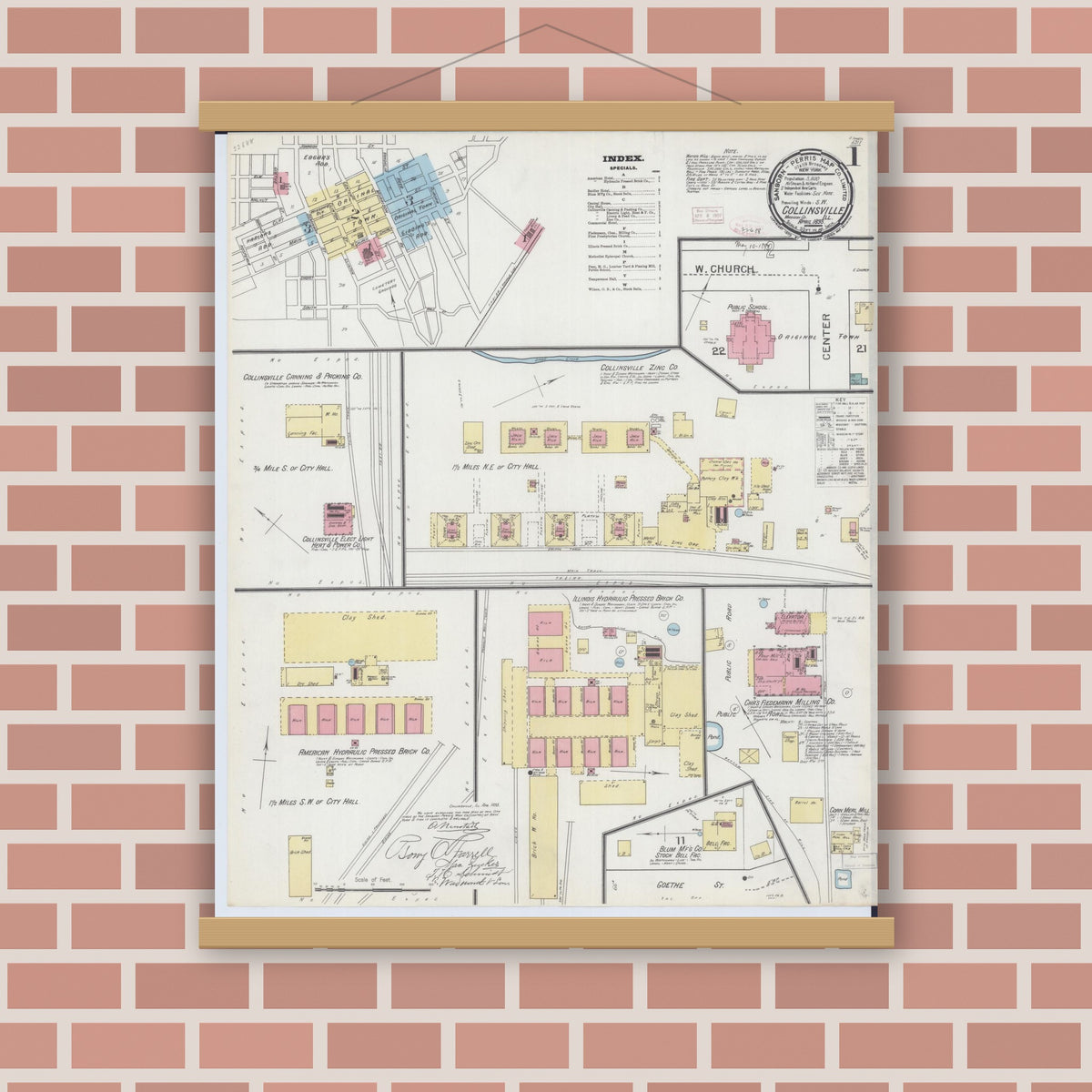 Old map wall art mockup — magnetic wood frame on brick wall — Sanborn Fire Insurance Map from Collinsville, Madison County, Illinois (1893), Sheet #0001