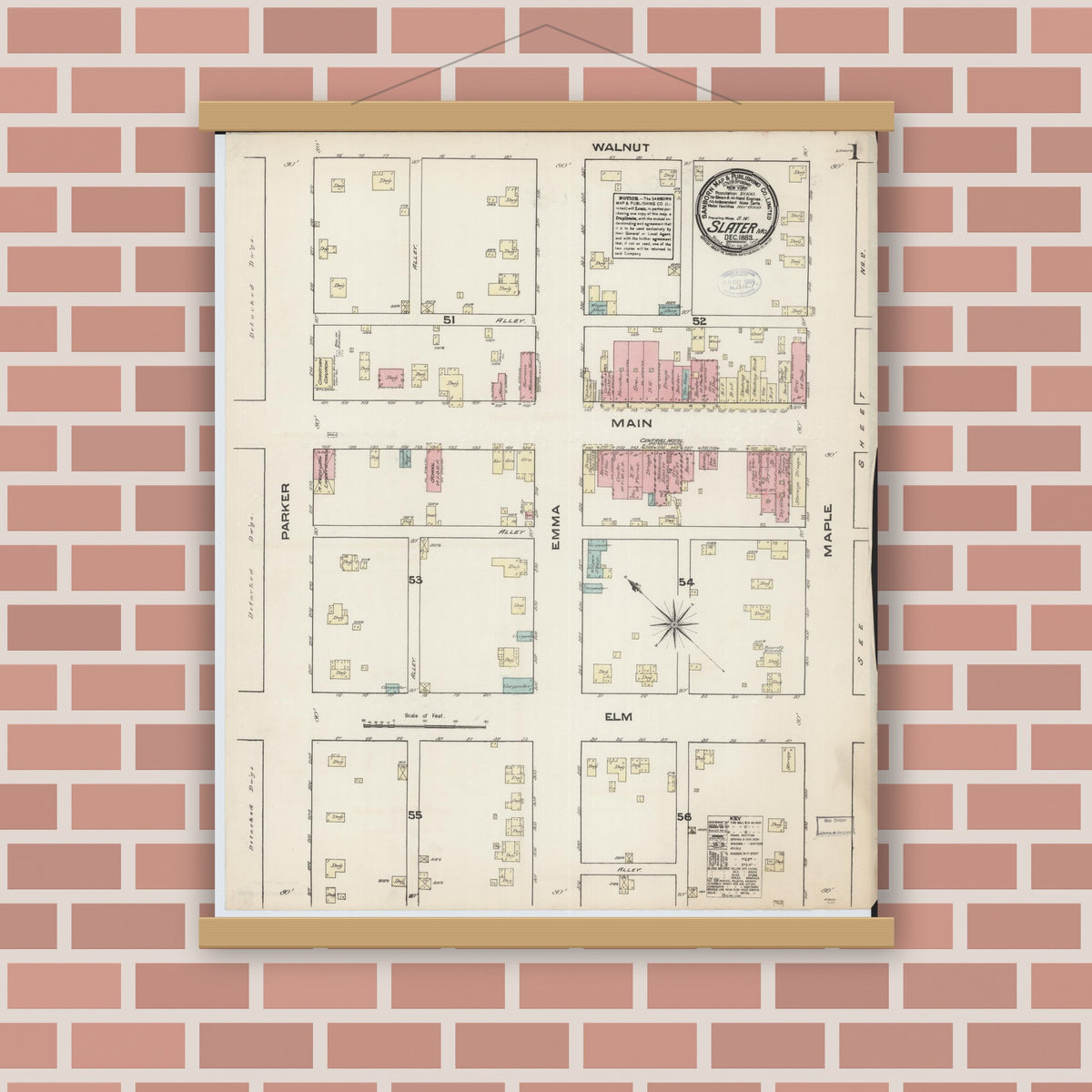 Old map wall art mockup — magnetic wood frame on brick wall — Sanborn Fire Insurance Map from Slater, Saline County, Missouri (1883) - Complete Map Set
