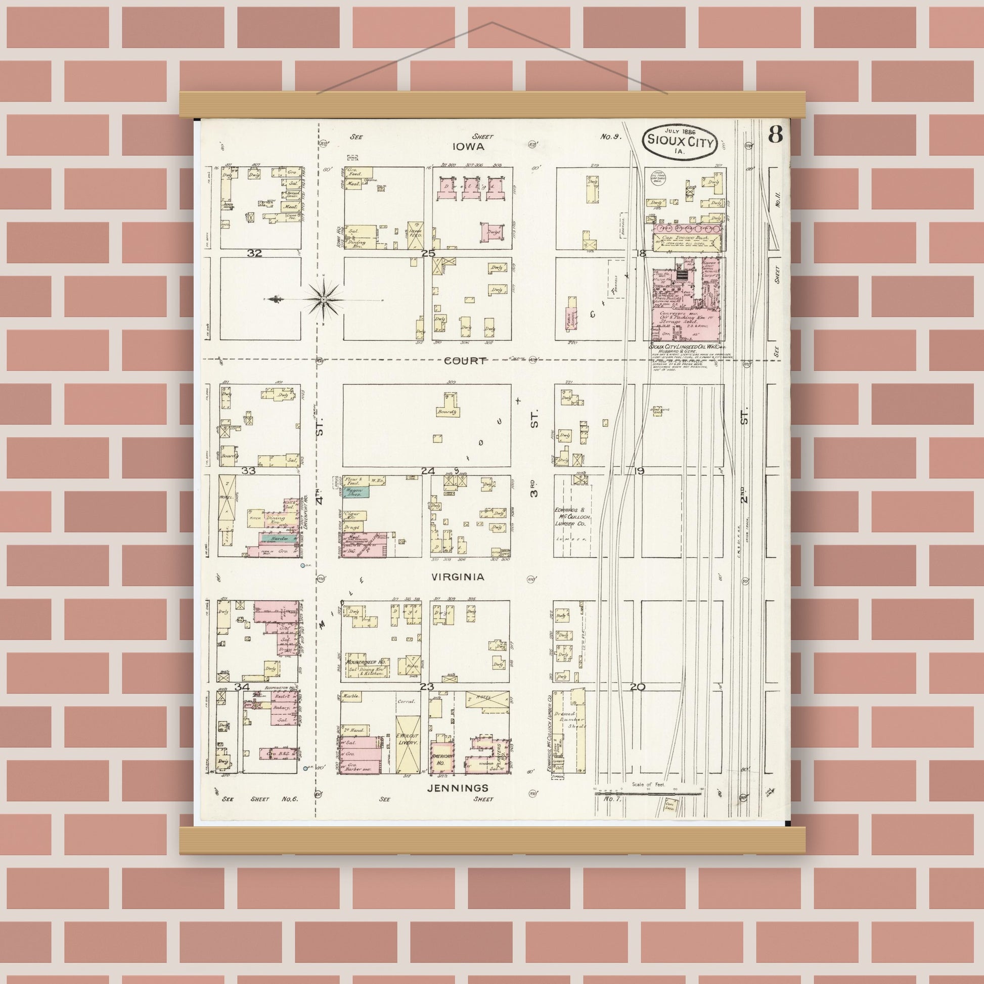 Old map wall art mockup — magnetic wood frame on brick wall — Sanborn Fire Insurance Map from Sioux City, Woodbury County, Iowa (1886), Sheet #0008