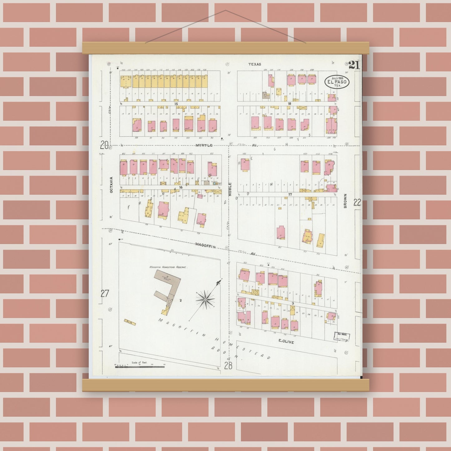 Old map wall art mockup — magnetic wood frame on brick wall — Sanborn Fire Insurance Map from El Paso, El Paso County, Texas (1905), Sheet #0021