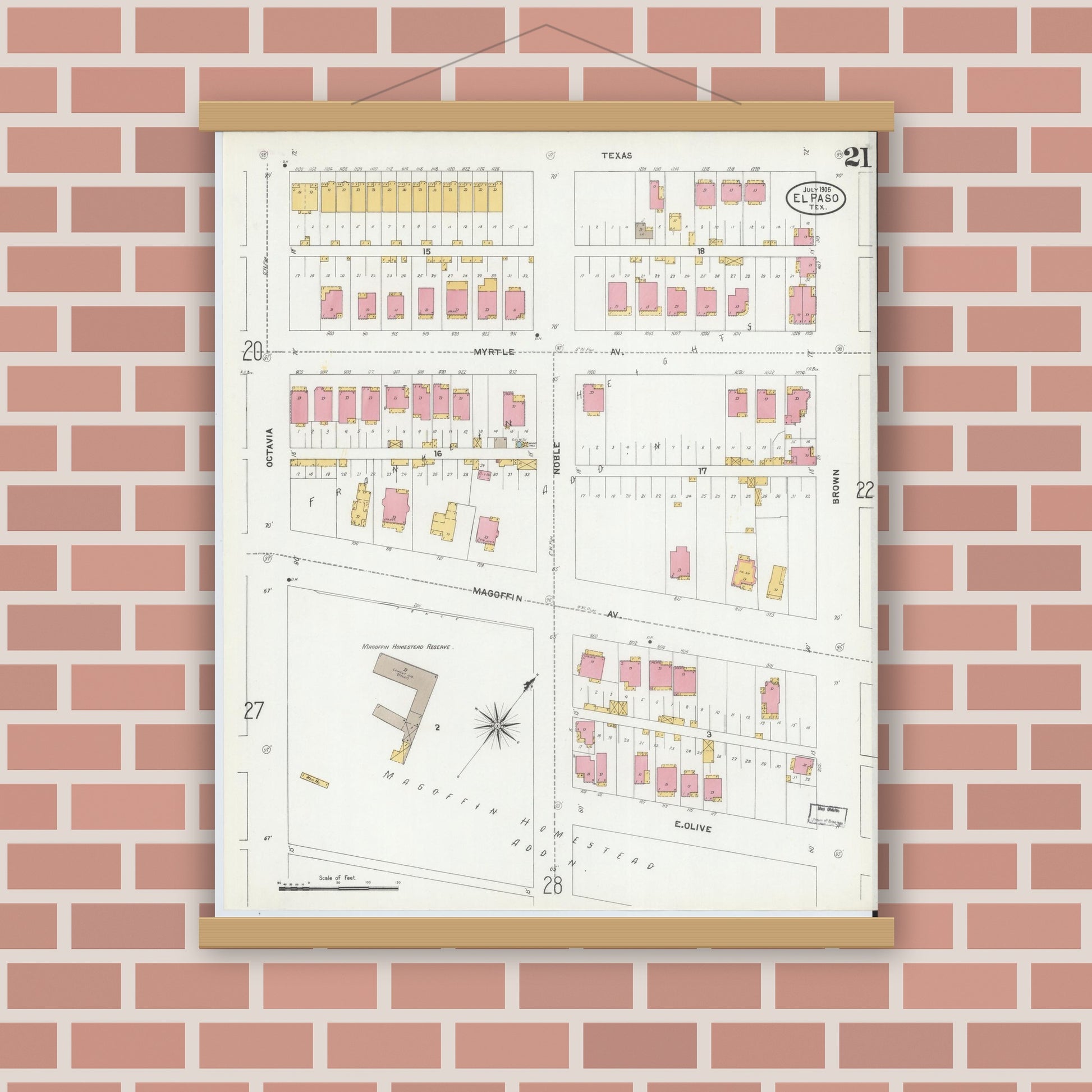 Old map wall art mockup — magnetic wood frame on brick wall — Sanborn Fire Insurance Map from El Paso, El Paso County, Texas (1905), Sheet #0021