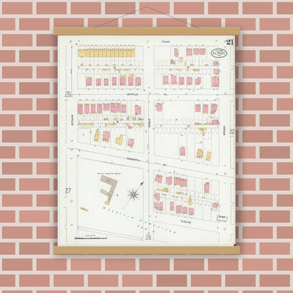 Old map wall art mockup — magnetic wood frame on brick wall — Sanborn Fire Insurance Map from El Paso, El Paso County, Texas (1905), Sheet #0021