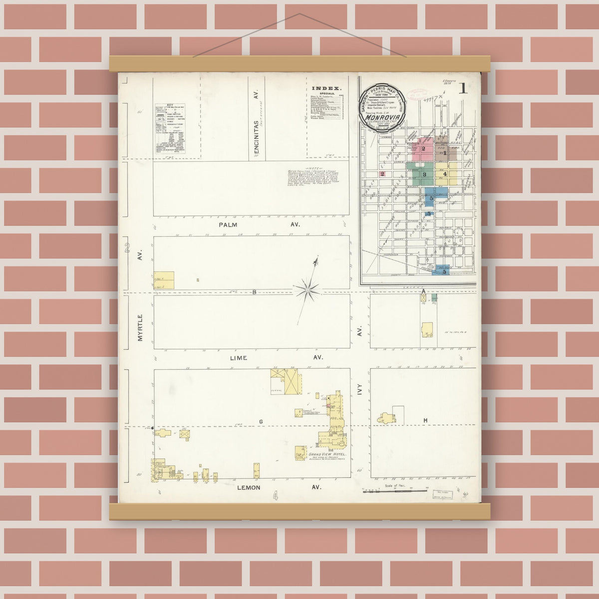 Old map wall art mockup — magnetic wood frame on brick wall — Sanborn Fire Insurance Map from Monrovia, Los Angeles County, California (1892), Sheet #0001