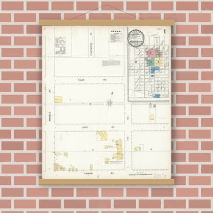 Old map wall art mockup — magnetic wood frame on brick wall — Sanborn Fire Insurance Map from Monrovia, Los Angeles County, California (1892), Sheet #0001