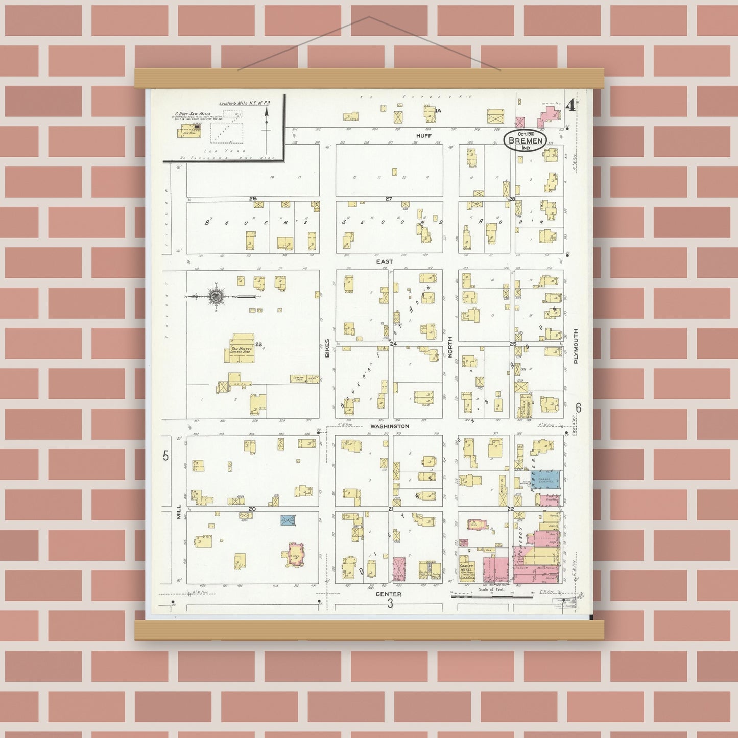 Old map wall art mockup — magnetic wood frame on brick wall — Sanborn Fire Insurance Map from Bremen, Marshall County, Indiana (1910), Sheet #0004