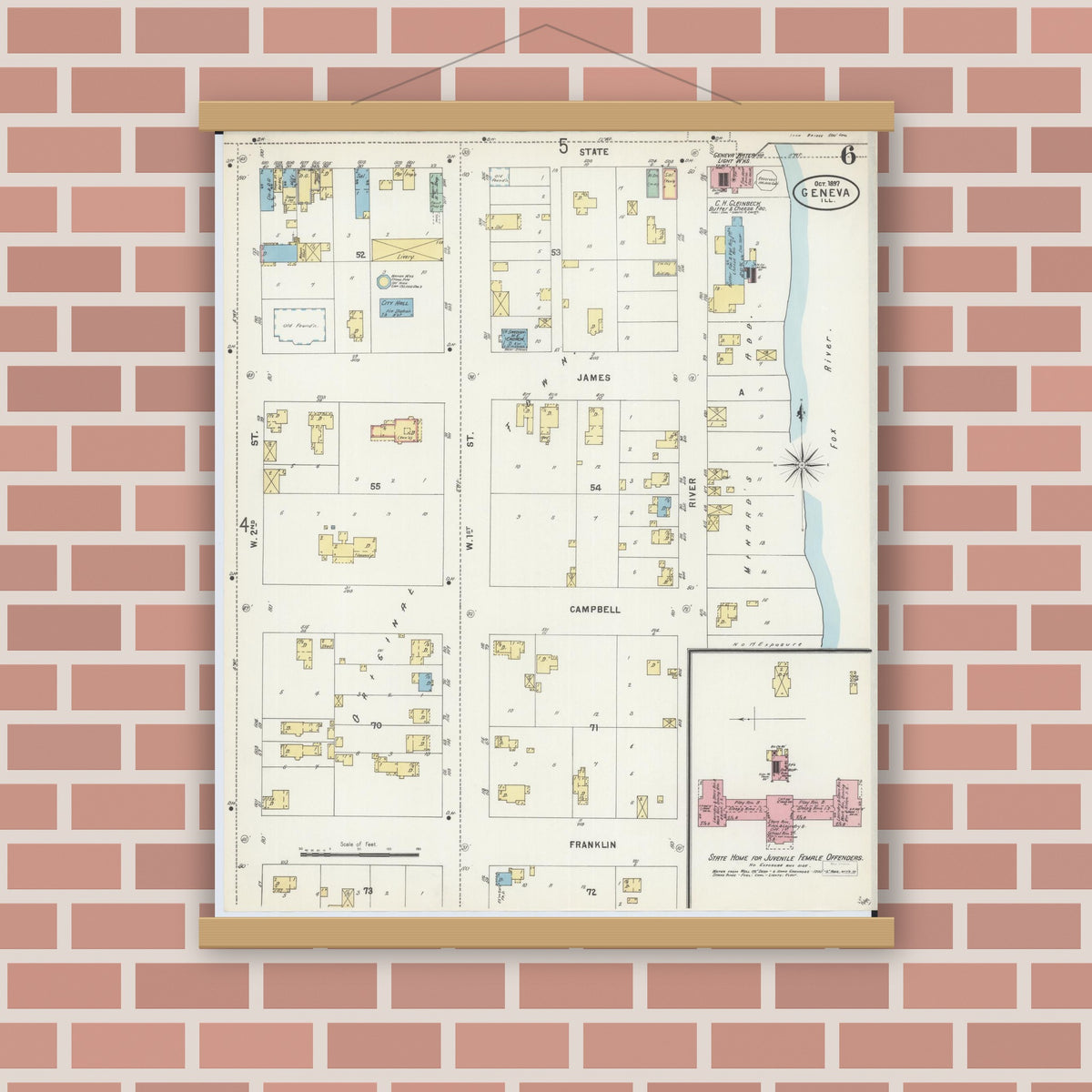 Old map wall art mockup — magnetic wood frame on brick wall — Sanborn Fire Insurance Map from Geneva, Kane County, Illinois (1897), Sheet #0006