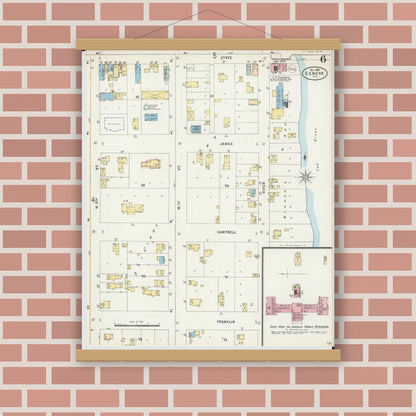 Old map wall art mockup — magnetic wood frame on brick wall — Sanborn Fire Insurance Map from Geneva, Kane County, Illinois (1897), Sheet #0006
