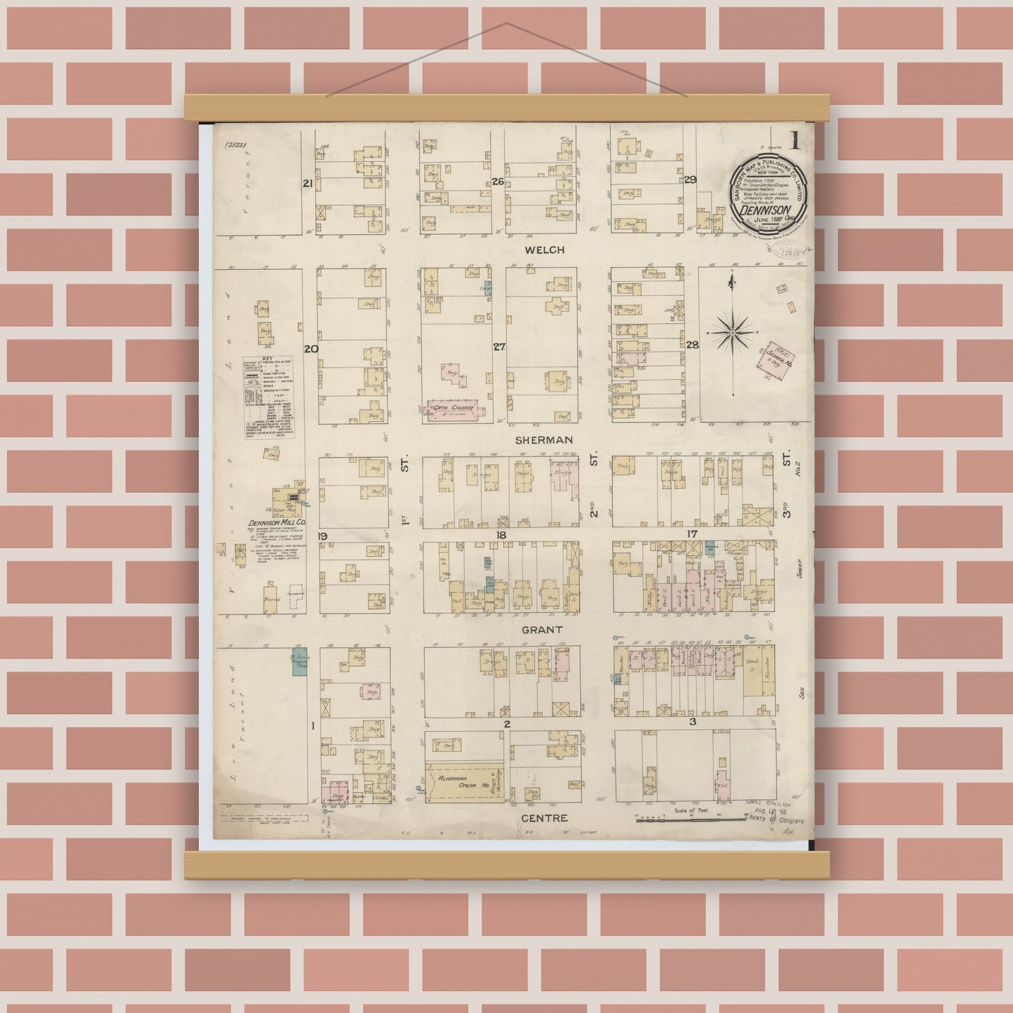 Old map wall art mockup — magnetic wood frame on brick wall — Sanborn Fire Insurance Map from Dennison, Tuscarawas County, Ohio (1887) - Complete Map Set