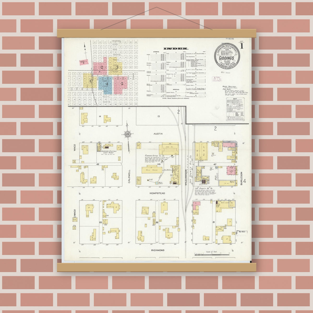Old map wall art mockup — magnetic wood frame on brick wall — Sanborn Fire Insurance Map from Giddings, Lee County, Texas (1912) - Complete Map Set