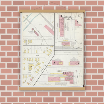 Old map wall art mockup — magnetic wood frame on brick wall — Sanborn Fire Insurance Map from Battle Creek, Calhoun County, Michigan (1907), Sheet #0027