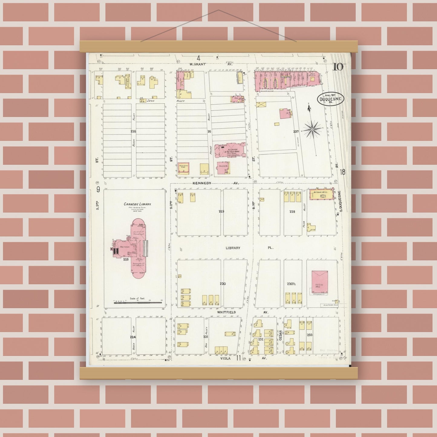Old map wall art mockup — magnetic wood frame on brick wall — Sanborn Fire Insurance Map from Duquesne, Allegheny County, Pennsylvania (1907), Sheet #0010