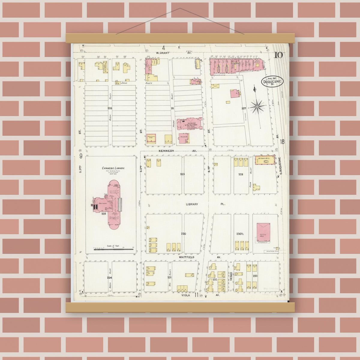 Old map wall art mockup — magnetic wood frame on brick wall — Sanborn Fire Insurance Map from Duquesne, Allegheny County, Pennsylvania (1907), Sheet #0010