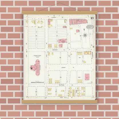 Old map wall art mockup — magnetic wood frame on brick wall — Sanborn Fire Insurance Map from Duquesne, Allegheny County, Pennsylvania (1907), Sheet #0010
