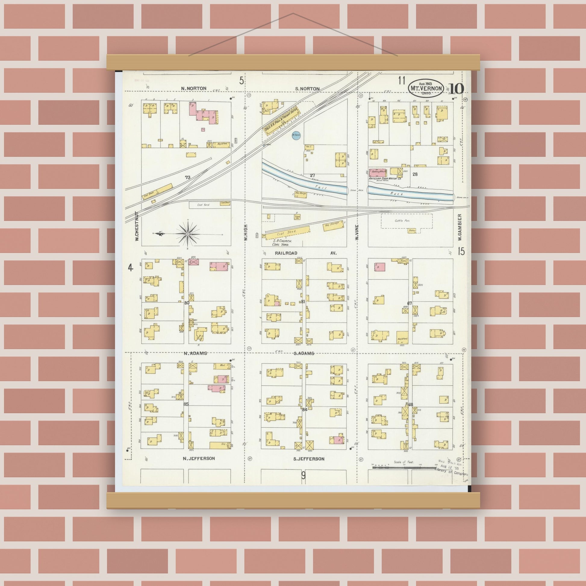 Old map wall art mockup — magnetic wood frame on brick wall — Sanborn Fire Insurance Map from Mount Vernon, Knox County, Ohio (1903), Sheet #0010