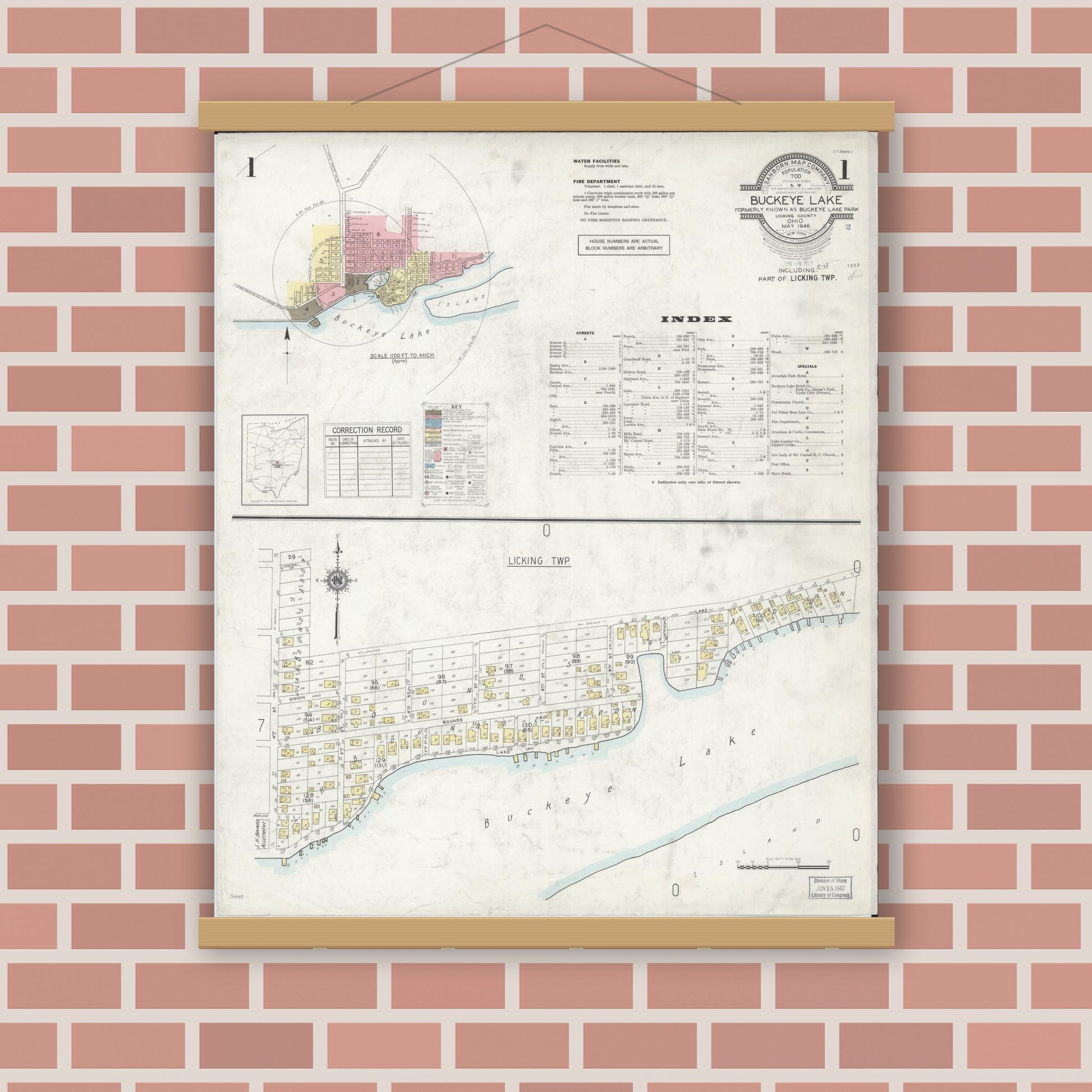 Old map wall art mockup — magnetic wood frame on brick wall — Sanborn Fire Insurance Map from Buckeye Lake, Licking County, Ohio (1946), Sheet #0001