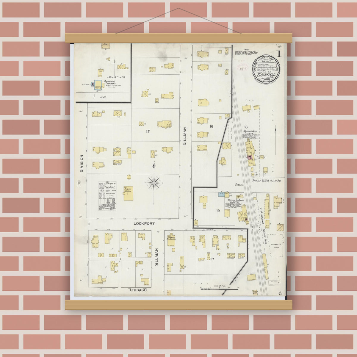 Old map wall art mockup — magnetic wood frame on brick wall — Sanborn Fire Insurance Map from Plainfield, Will County, Illinois (1893) - Complete Map Set