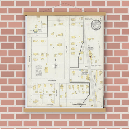 Old map wall art mockup — magnetic wood frame on brick wall — Sanborn Fire Insurance Map from Plainfield, Will County, Illinois (1893) - Complete Map Set