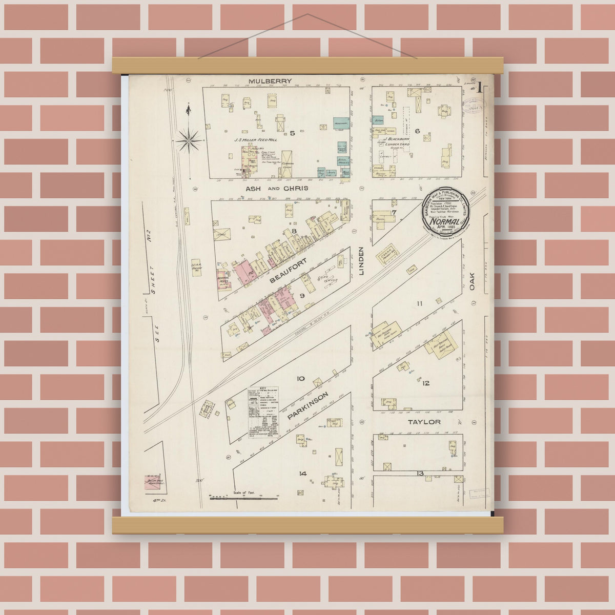 Old map wall art mockup — magnetic wood frame on brick wall — Sanborn Fire Insurance Map from Normal, McLean County, Illinois (1885) - Complete Map Set