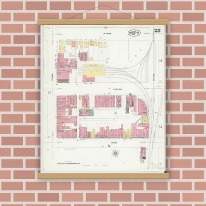 Old map wall art mockup — magnetic wood frame on brick wall — Sanborn Fire Insurance Map from Marietta, Washington County, Ohio (1907), Sheet #0023