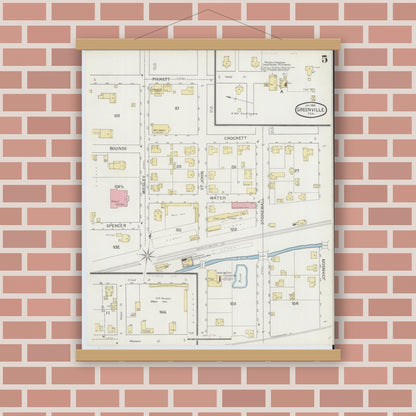 Old map wall art mockup — magnetic wood frame on brick wall — Sanborn Fire Insurance Map from Greenville, Hunt County, Texas (1893), Sheet #0005