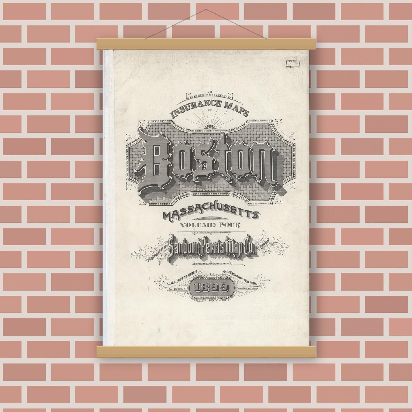 Old map wall art mockup — magnetic wood frame on brick wall — Sanborn Fire Insurance Map from Boston, Suffolk County, Massachusetts (1899), Sheet #0001
