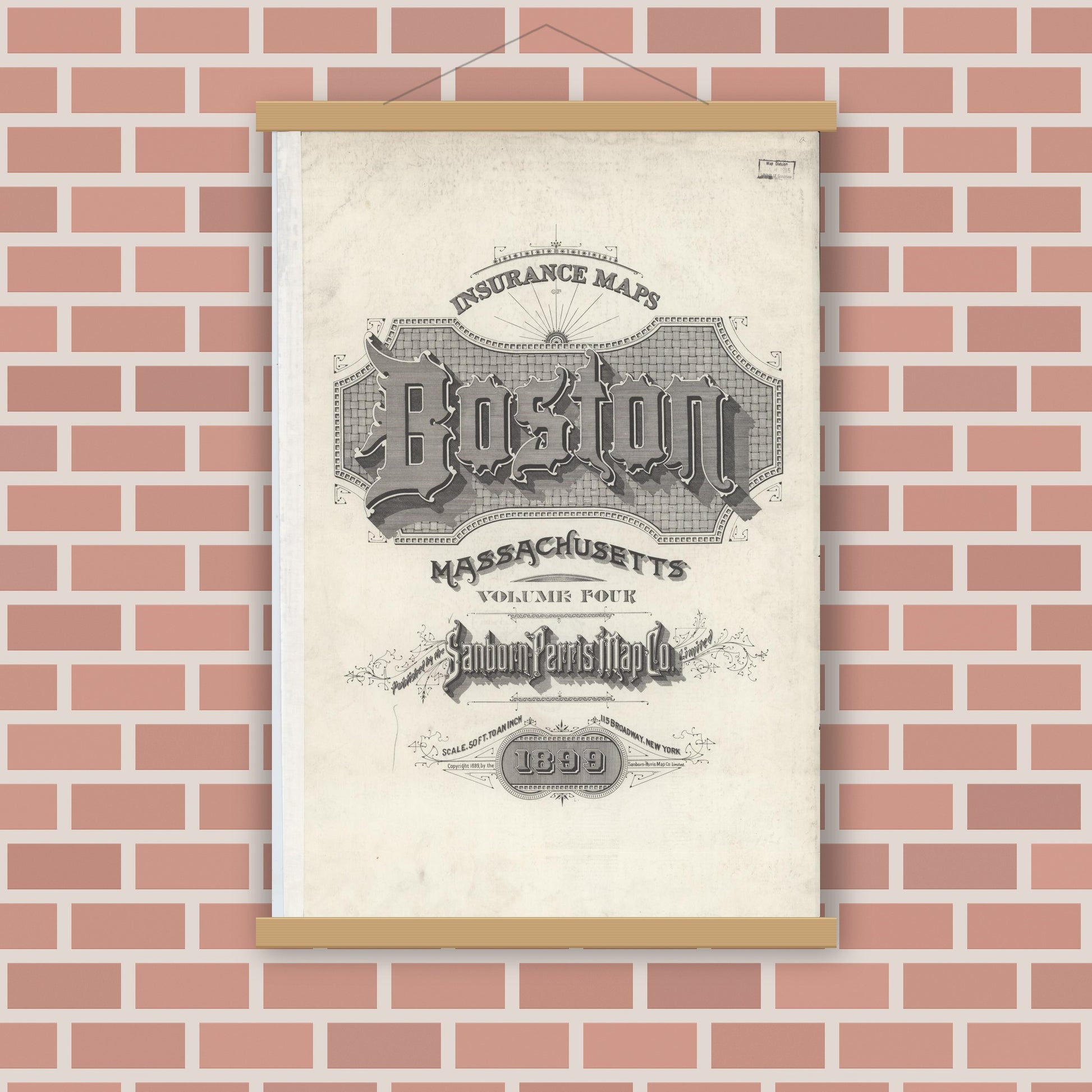 Old map wall art mockup — magnetic wood frame on brick wall — Sanborn Fire Insurance Map from Boston, Suffolk County, Massachusetts (1899), Sheet #0001