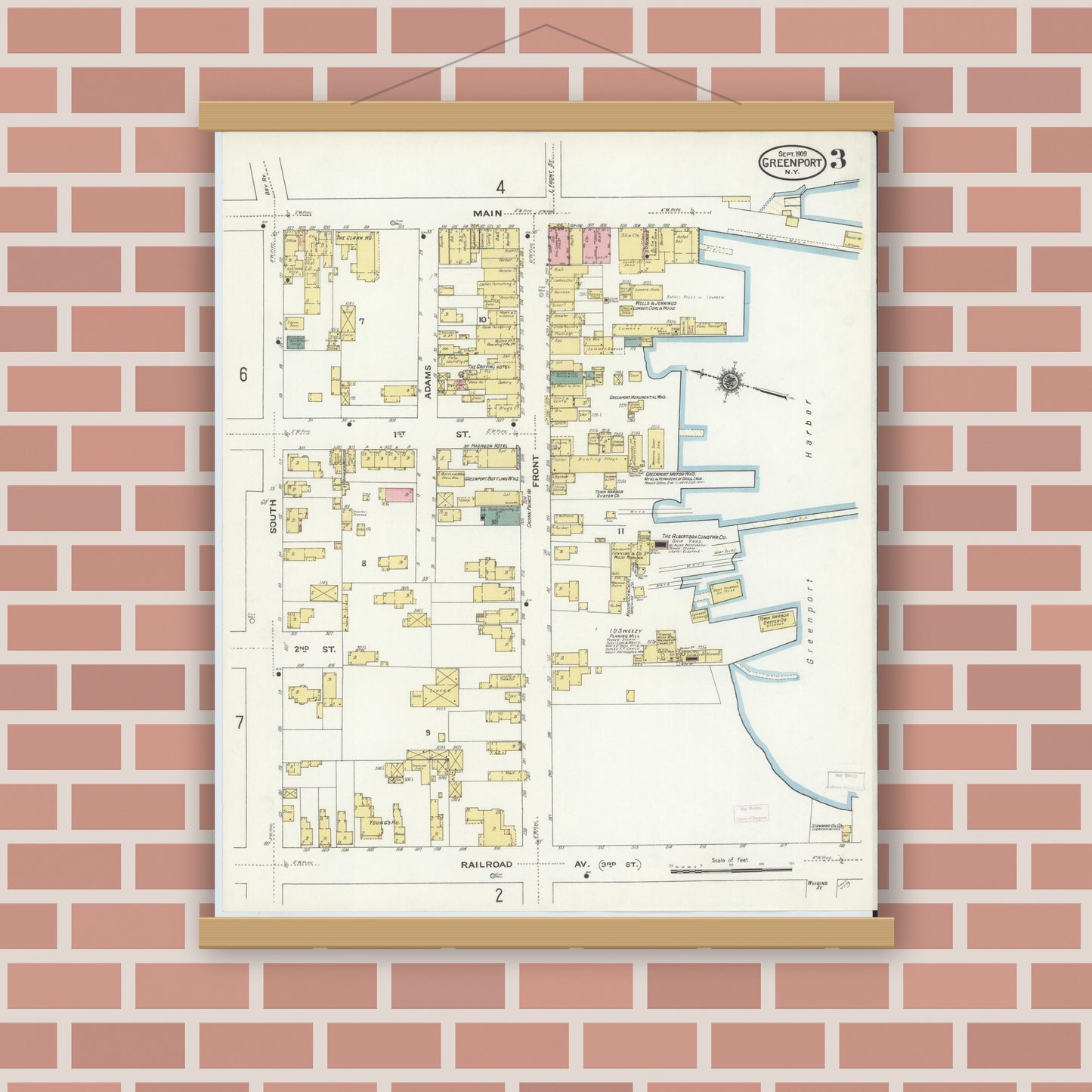 Old map wall art mockup — magnetic wood frame on brick wall — Sanborn Fire Insurance Map from Greenport, Suffolk County, New York (1909), Sheet #0003