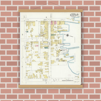 Old map wall art mockup — magnetic wood frame on brick wall — Sanborn Fire Insurance Map from Greenport, Suffolk County, New York (1909), Sheet #0003