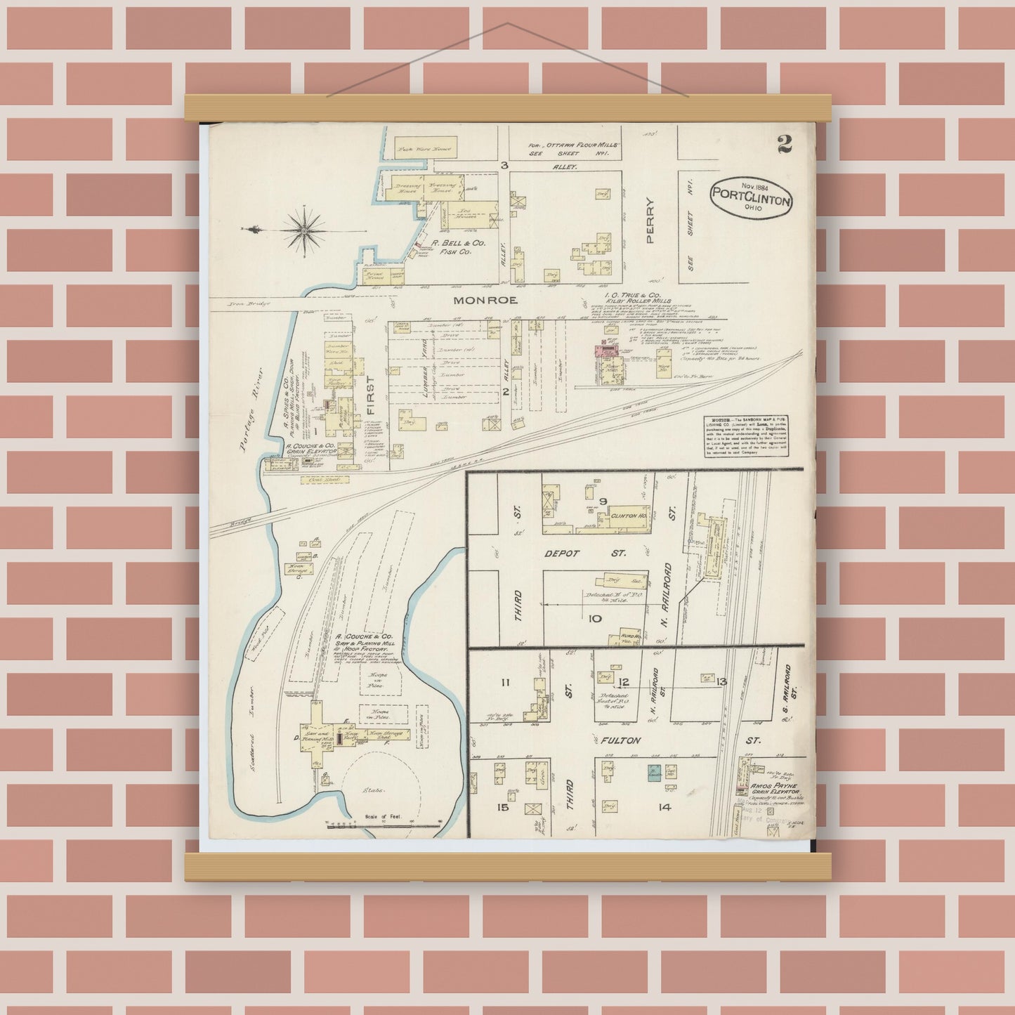 Old map wall art mockup — magnetic wood frame on brick wall — Sanborn Fire Insurance Map from Port Clinton, Ottawa County, Ohio (1884), Sheet #0002