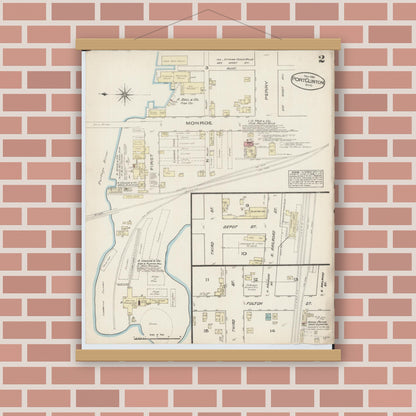 Old map wall art mockup — magnetic wood frame on brick wall — Sanborn Fire Insurance Map from Port Clinton, Ottawa County, Ohio (1884), Sheet #0002