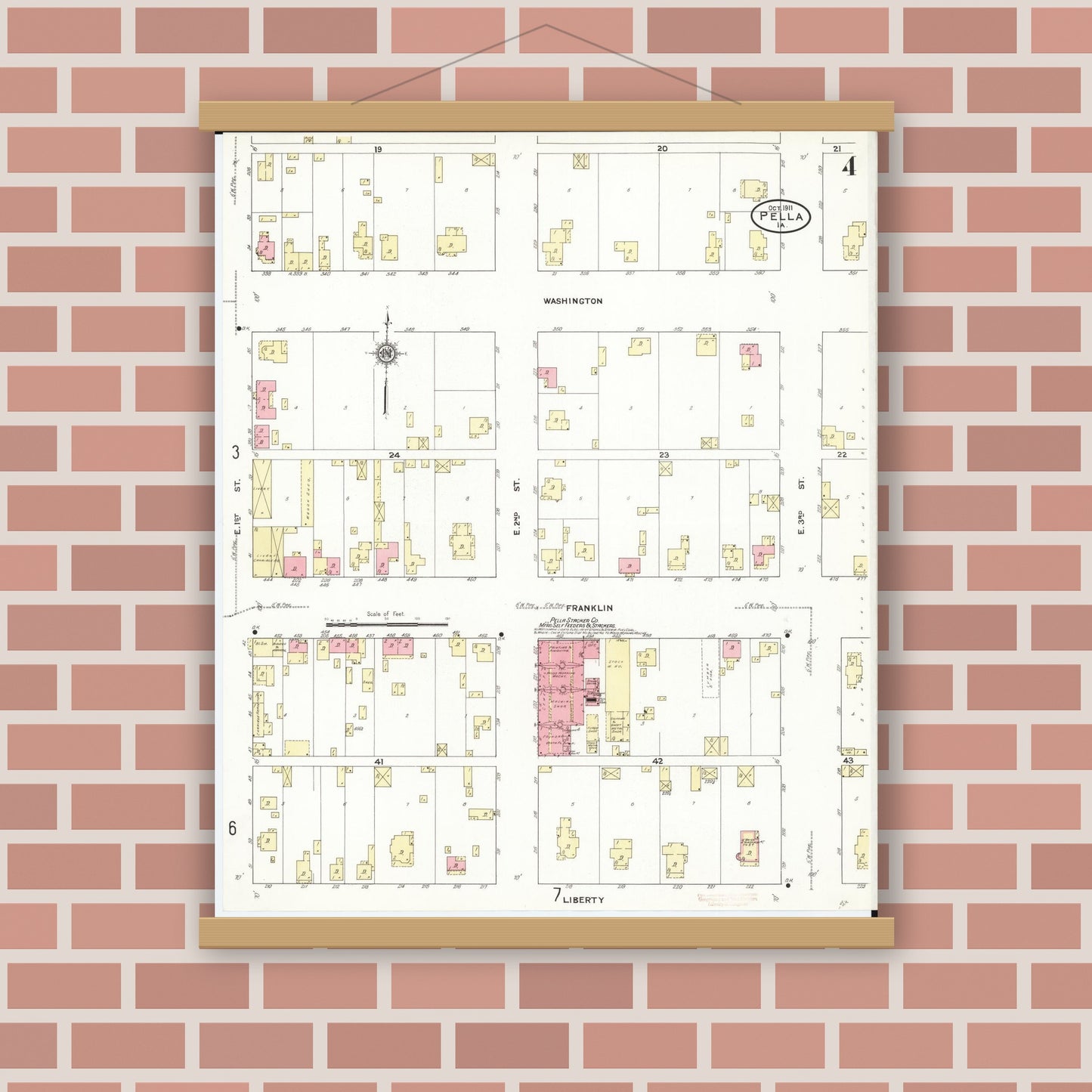 Old map wall art mockup — magnetic wood frame on brick wall — Sanborn Fire Insurance Map from Pella, Marion County, Iowa (1911), Sheet #0004