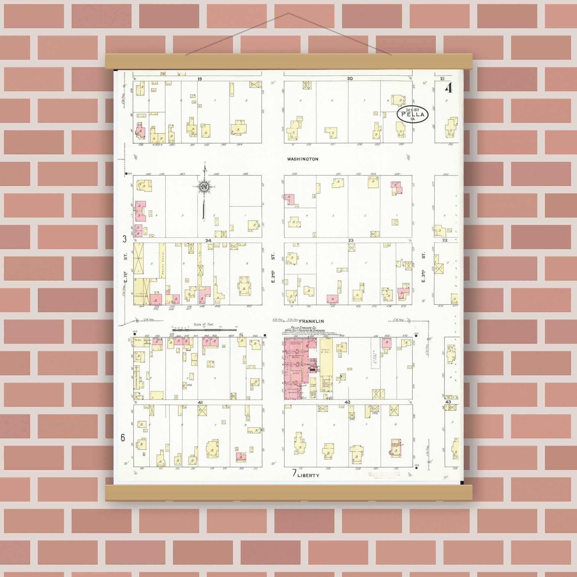 Old map wall art mockup — magnetic wood frame on brick wall — Sanborn Fire Insurance Map from Pella, Marion County, Iowa (1911), Sheet #0004