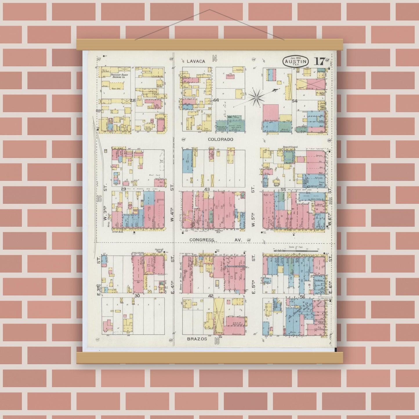 Old map wall art mockup — magnetic wood frame on brick wall — Sanborn Fire Insurance Map from Austin, Travis County, Texas (1894), Sheet #0017