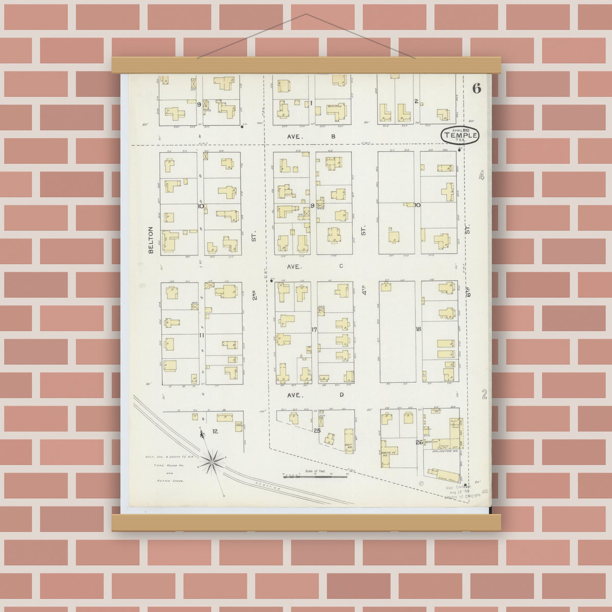 Old map wall art mockup — magnetic wood frame on brick wall — Sanborn Fire Insurance Map from Temple, Bell County, Texas (1893), Sheet #0006