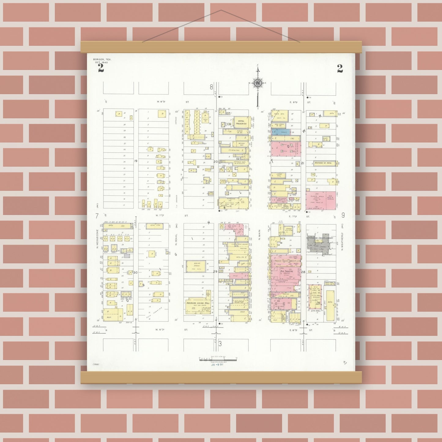 Old map wall art mockup — magnetic wood frame on brick wall — Sanborn Fire Insurance Map from Borger, Hutchinson County, Texas (1940), Sheet #0002