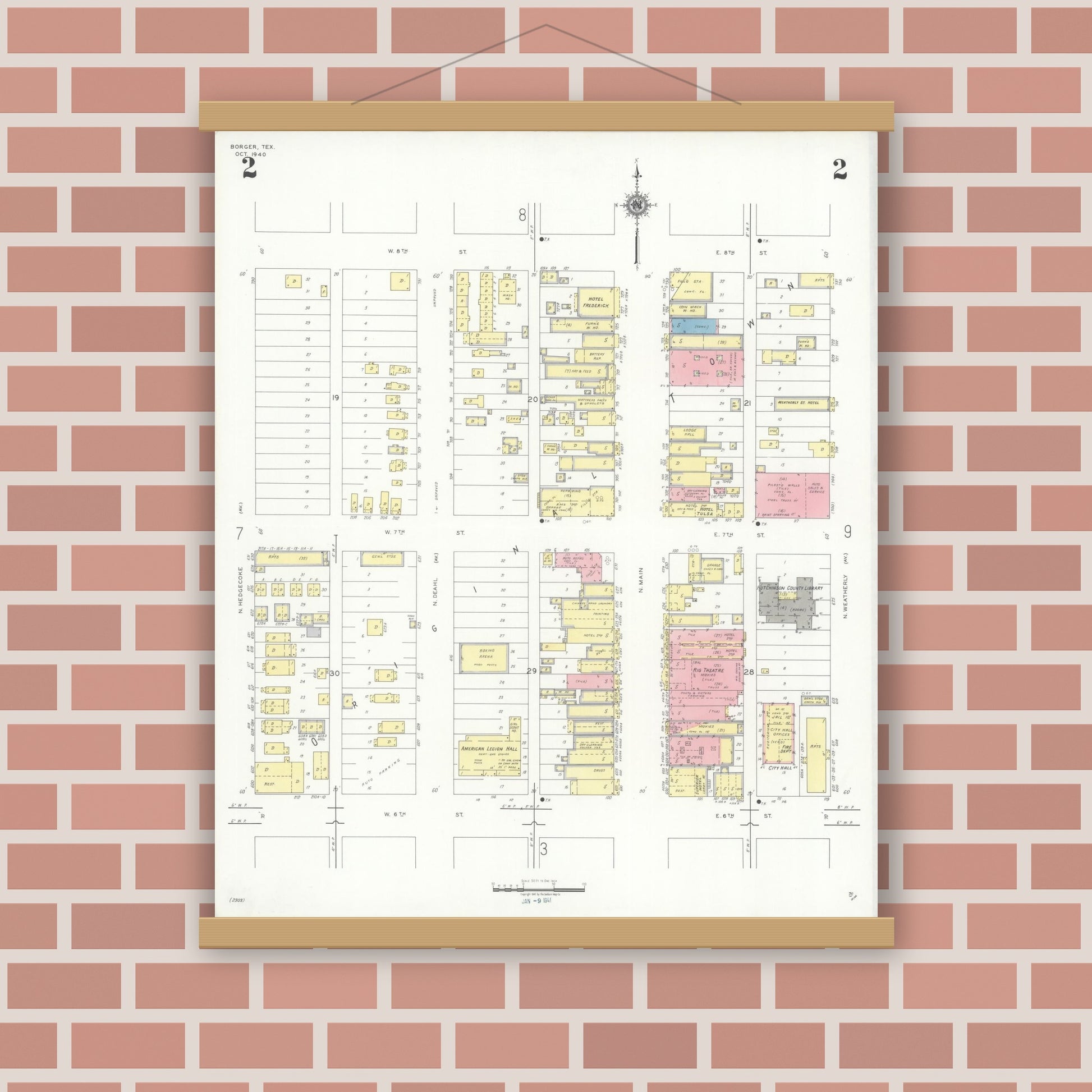Old map wall art mockup — magnetic wood frame on brick wall — Sanborn Fire Insurance Map from Borger, Hutchinson County, Texas (1940), Sheet #0002