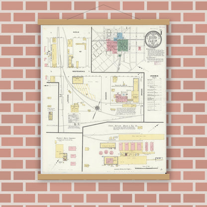 Old map wall art mockup — magnetic wood frame on brick wall — Sanborn Fire Insurance Map from Elgin, Bastrop County, Texas (1910), Sheet #0001
