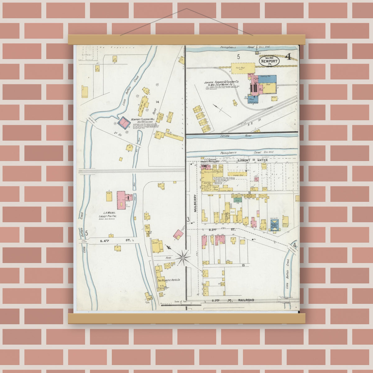 Old map wall art mockup — magnetic wood frame on brick wall — Sanborn Fire Insurance Map from Newport, Perry County, Pennsylvania (1902), Sheet #0004