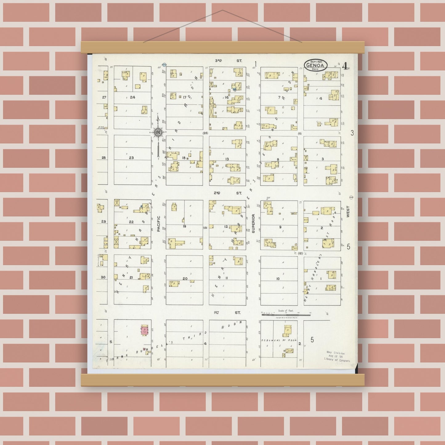 Old map wall art mockup — magnetic wood frame on brick wall — Sanborn Fire Insurance Map from Genoa, Ottawa County, Ohio (1920), Sheet #0004
