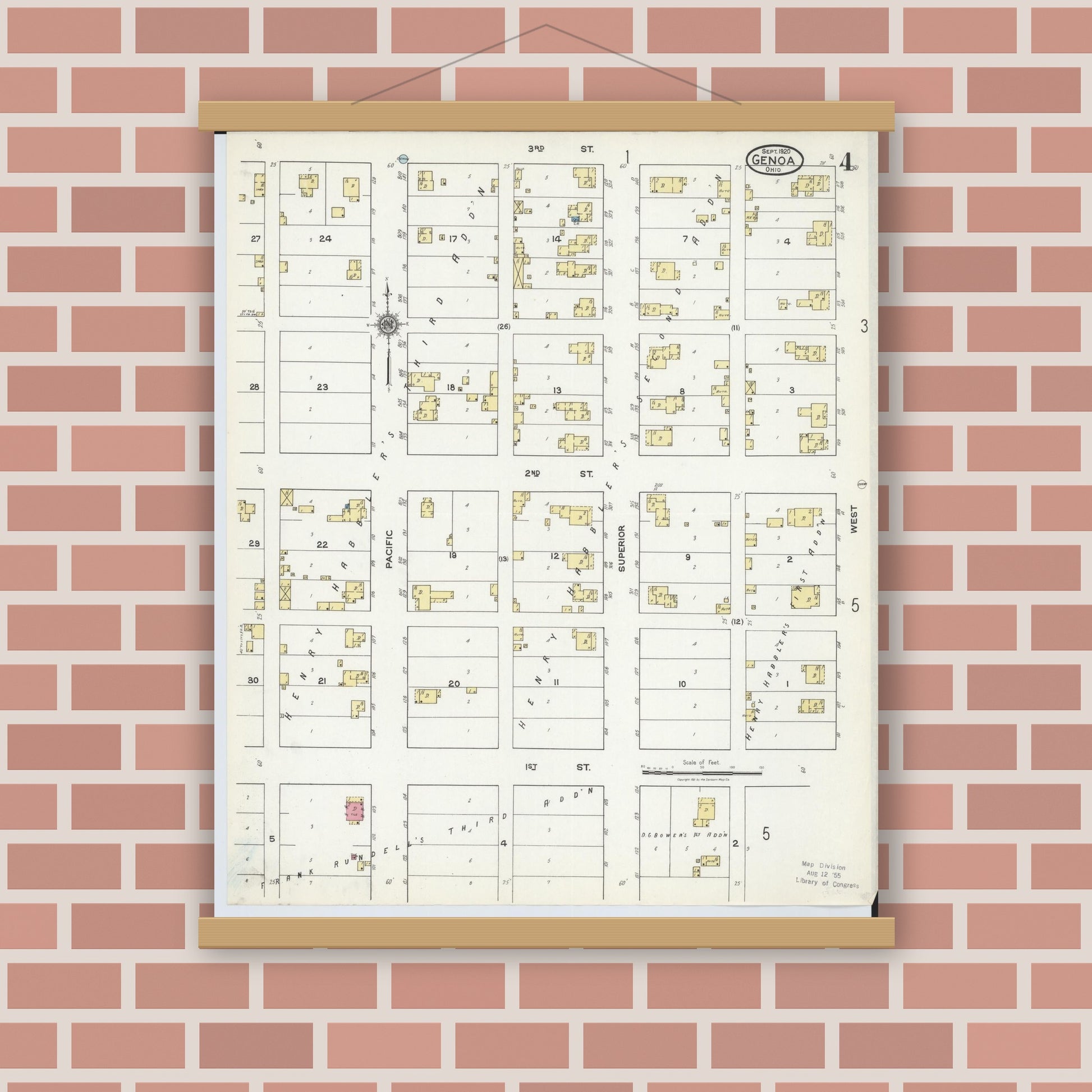 Old map wall art mockup — magnetic wood frame on brick wall — Sanborn Fire Insurance Map from Genoa, Ottawa County, Ohio (1920), Sheet #0004