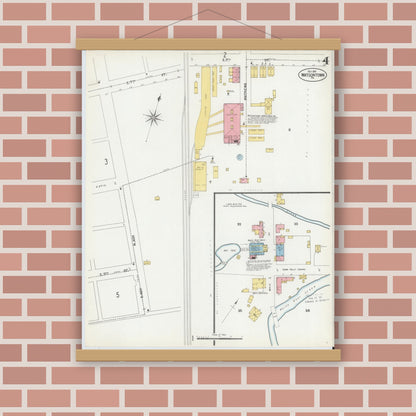 Old map wall art mockup — magnetic wood frame on brick wall — Sanborn Fire Insurance Map from Watsontown, Northumberland County, Pennsylvania (1901), Sheet #0004